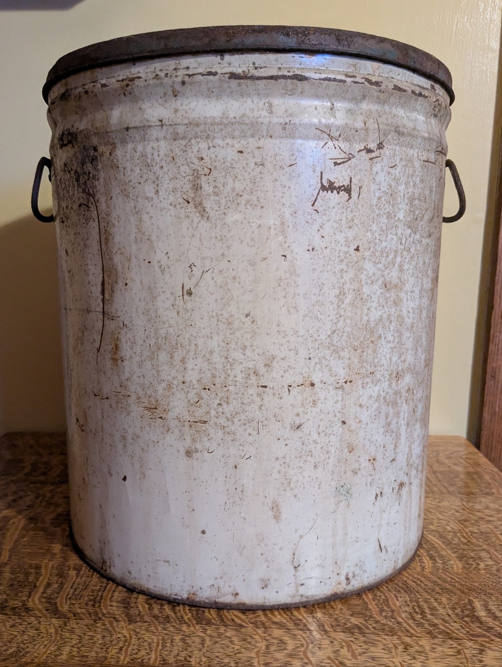 Vintage Fort Pitt Pure Lard Tin 50lb With Lid Bail Handle White Blue Rustic Farm - Picture 5 of 11